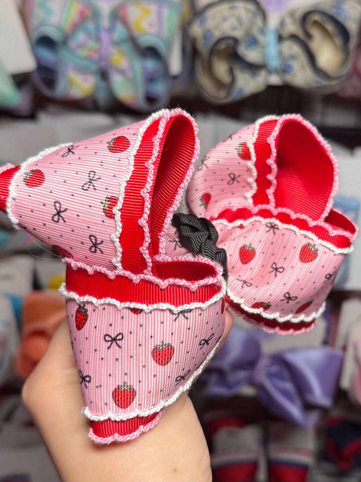 Strawberries with black bows and moonstitch