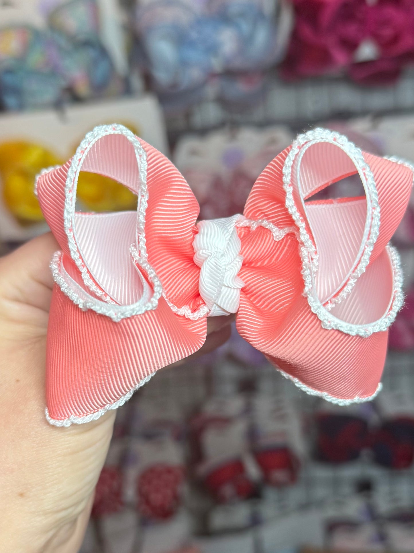 Peach and white moonstitch with lace