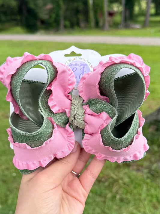 Sage green glitter and pink ruffle