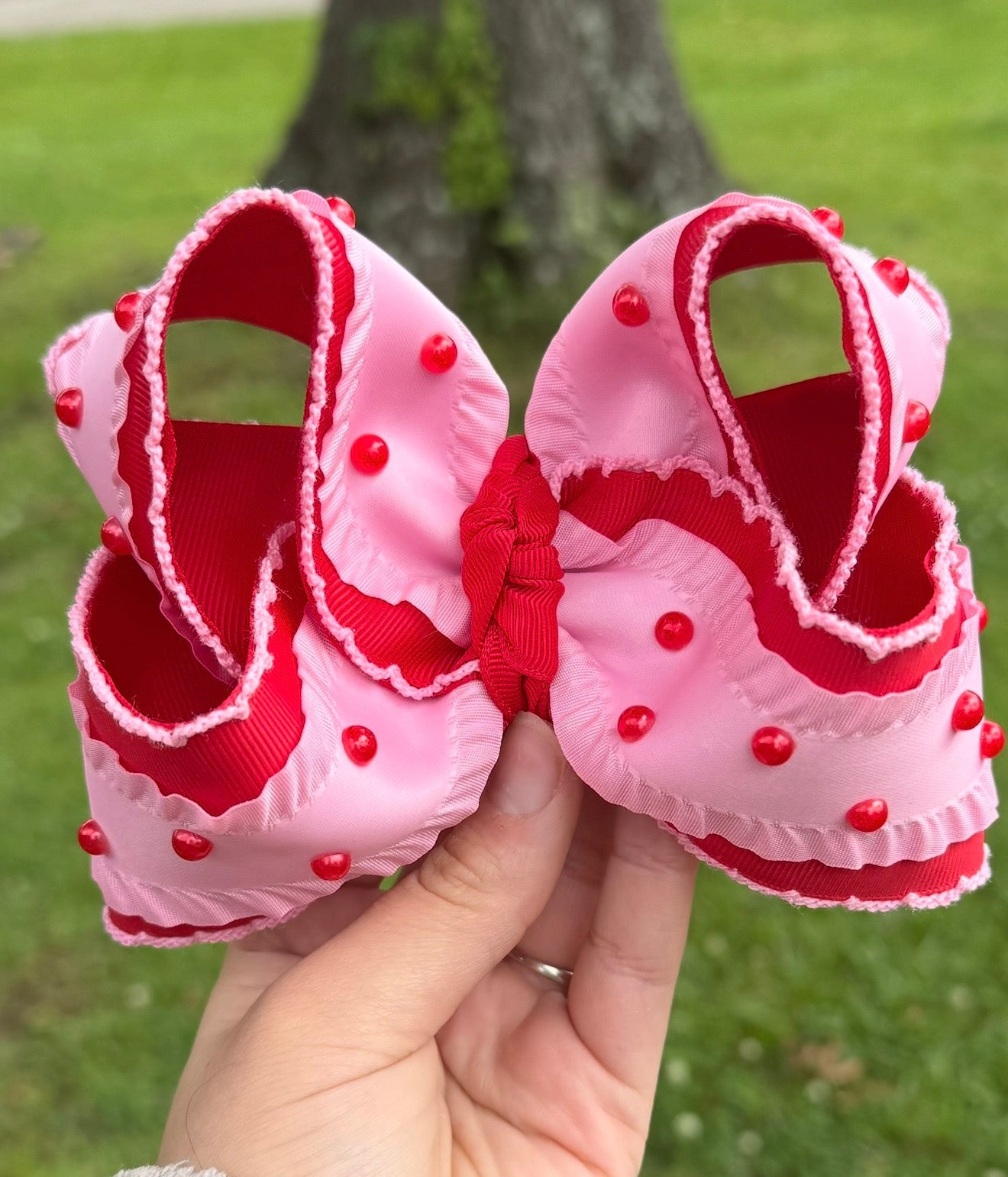 Pink and Red moonstitch with pearls