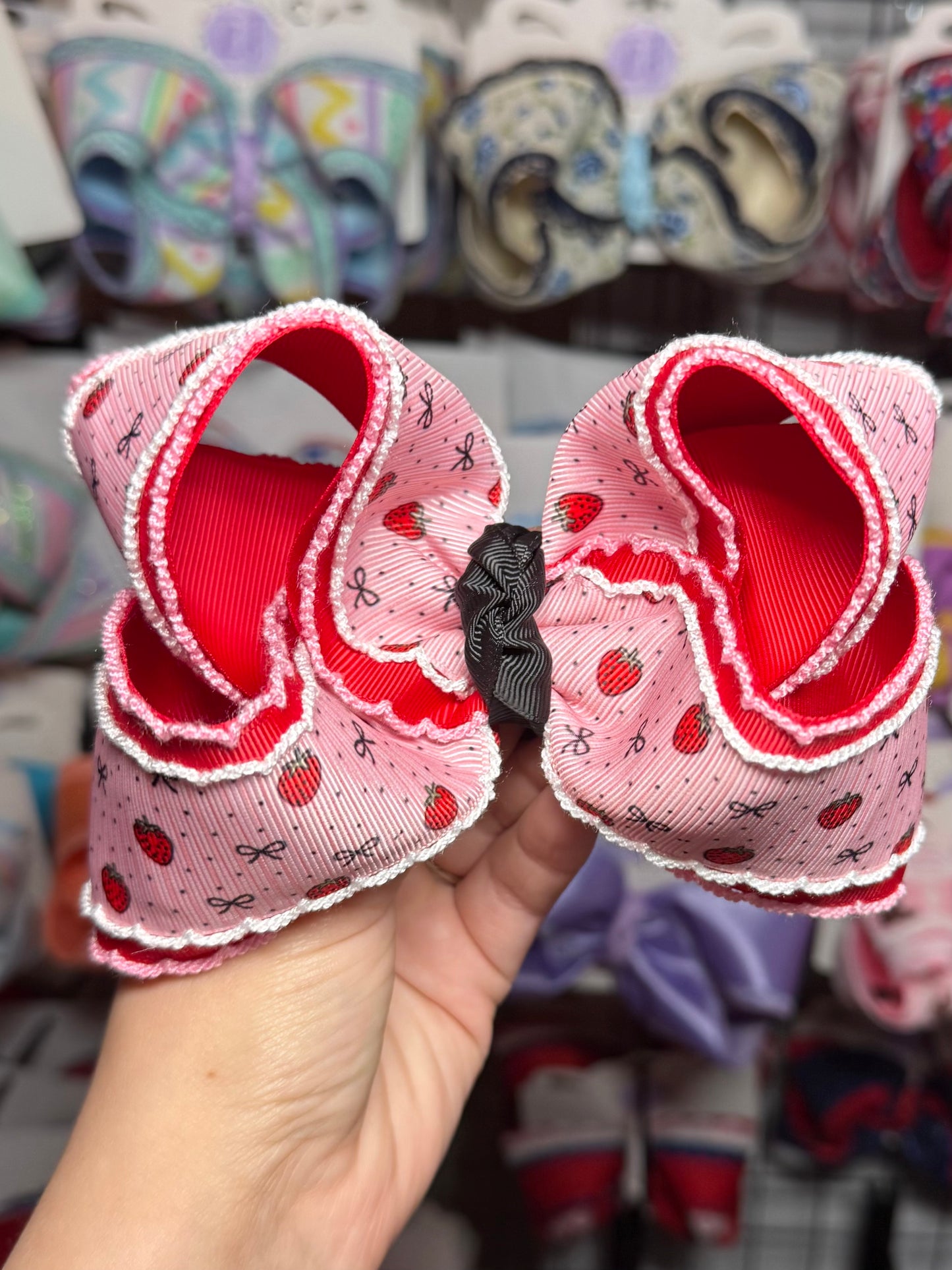 Strawberries with black bows and moonstitch