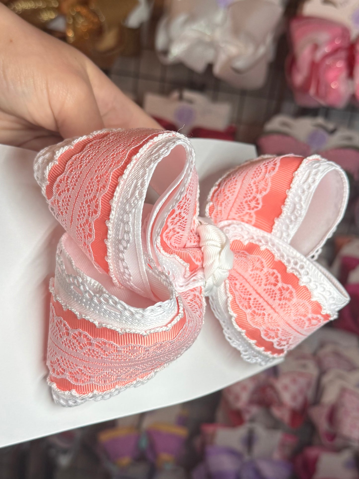 Peach and white moonstitch with lace