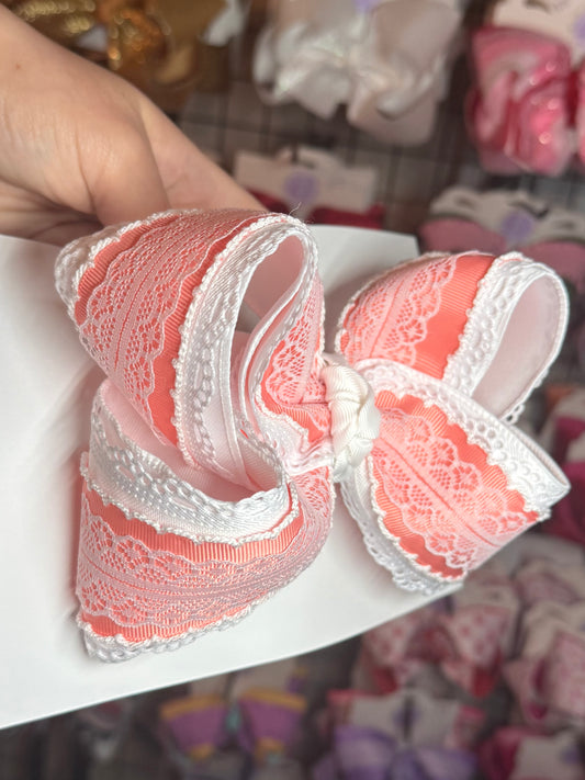 Peach and white moonstitch with lace